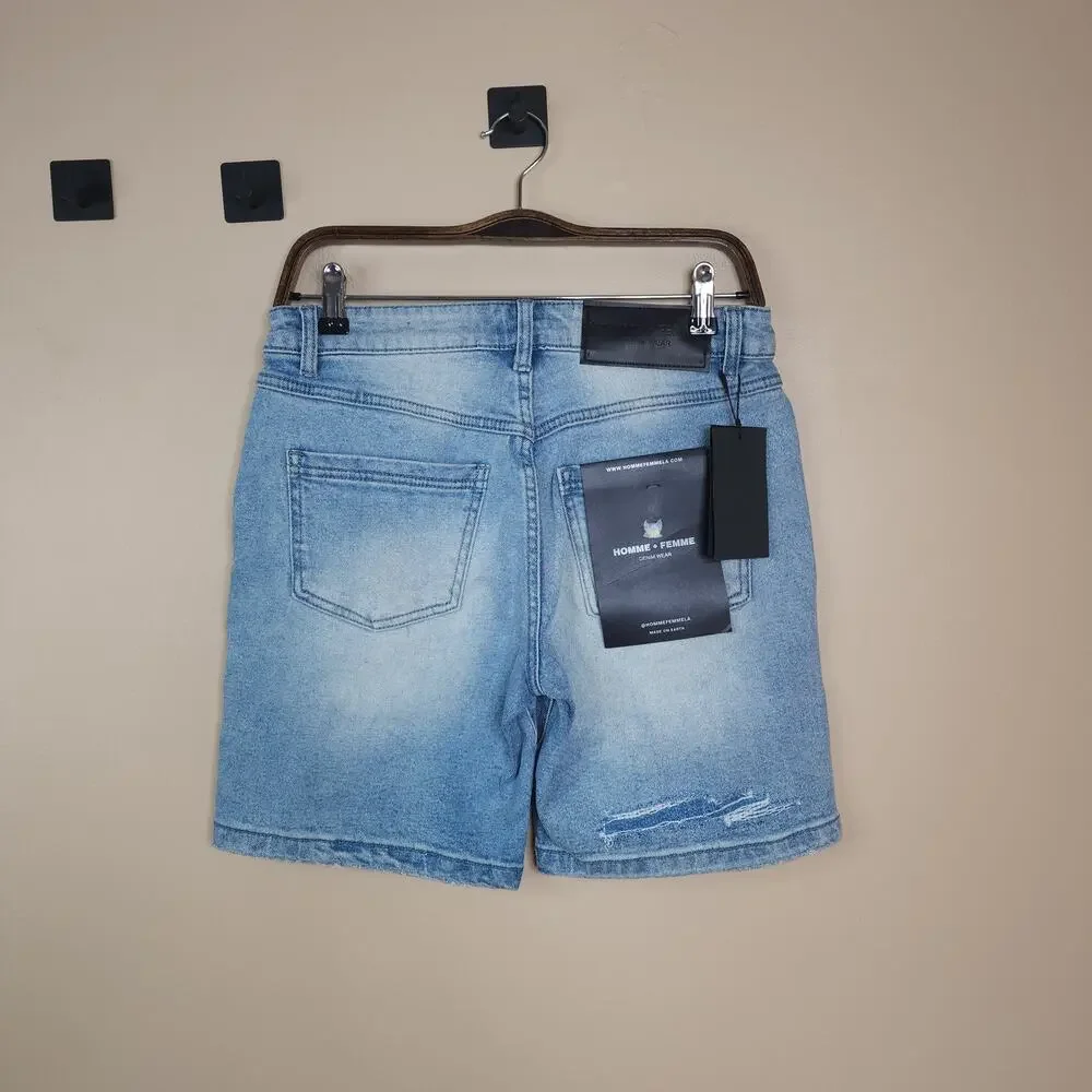 Homme + Femme Hand Paint Logo Distressed Denim Jean Shorts With Rips Size 30
